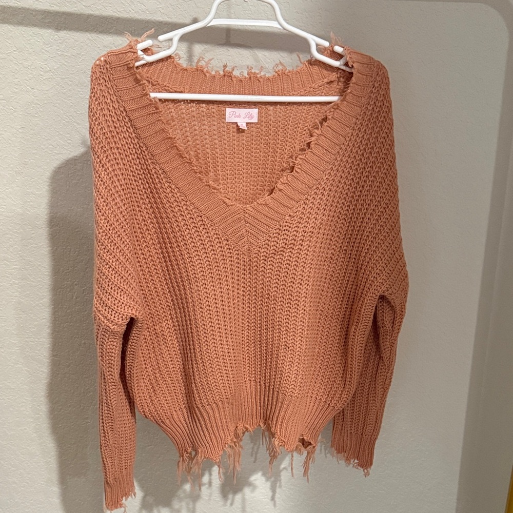 Pink Lily Women's Distressed V-Neck Sweater - Pink Clay